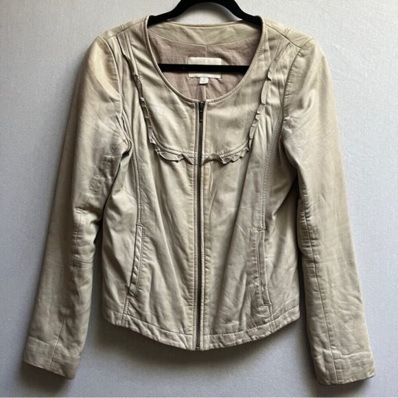 Hinge beige scoop neck zipper leather jacket Sz M - Picture 2 of 15